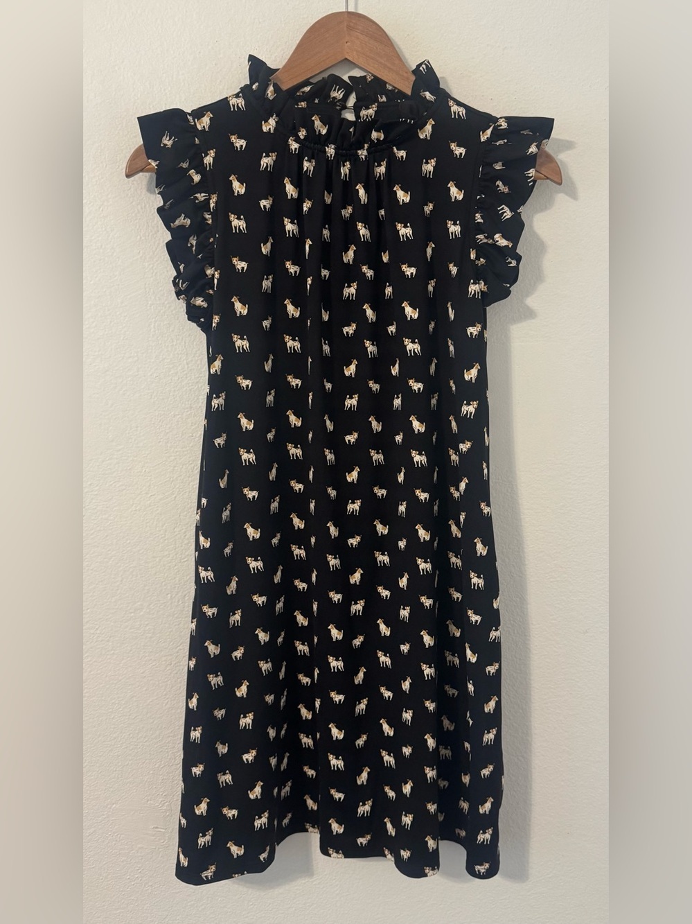 Jude Connally Dress Sleeveless Black Jack Russel Terrier Dog Print Ruffle XS
